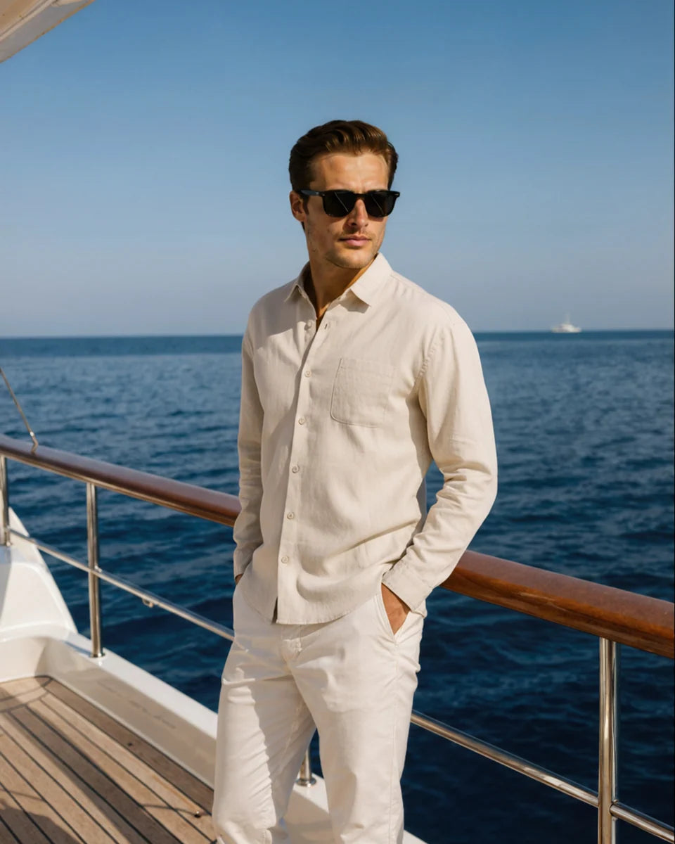 Saint Moritz Bora Bora Resort shirt in 100% linen, displayed on a model in Cape Town, showcasing its lightweight, breathable fabric.