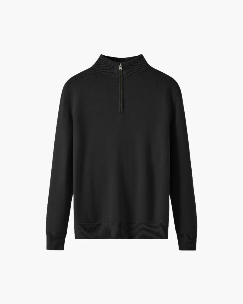 Saint Moritz essential winter pullover, cozy knitted sweater in neutral tones, displayed on a hanger against a plain background.
